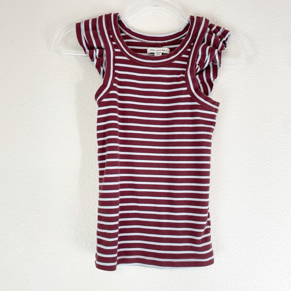 Free Assembly Tank Top XS Stripe Chocolate Brown Baby Blue Ruffle Flutter Sleeve
